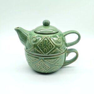 Pier 1 Sage Green Stoneware Stackable Teapot Cup For One NWT